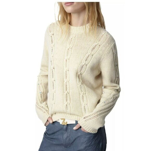 Zadig & Voltaire Morley Rhinestone Embellished Cable-Knit Sweater NWT Sz M - Picture 1 of 10